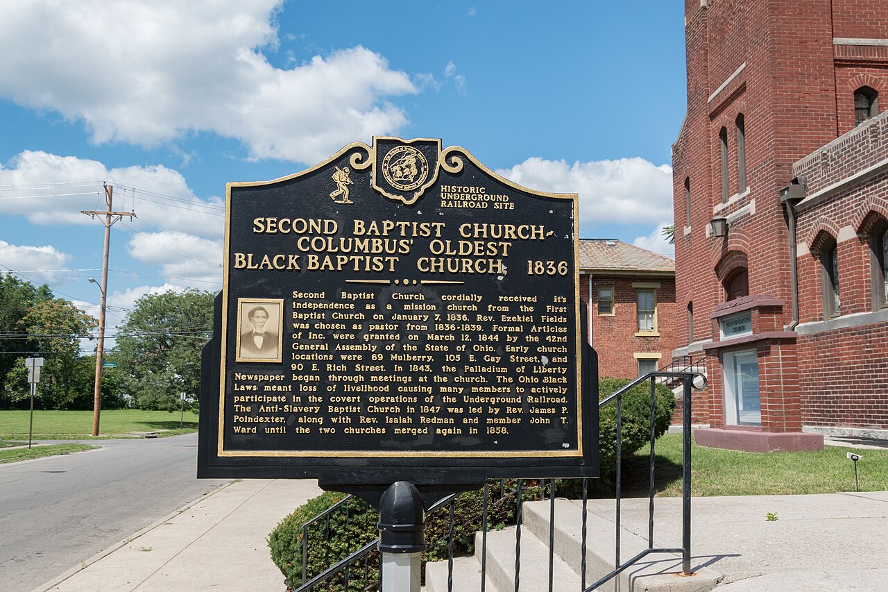 Historical marker outside the Second Baptist Church in Columbus.
