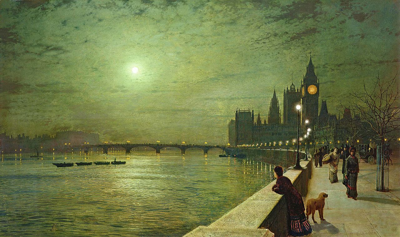 Artist John Atkinson Grimshaw’s painting depicts a busy night scene on London’s Thames Embankment. This image speaks to an overstimulating London that William Wordsworth referred to as “an endless stream of men moving things” while also rendering urban life’s isolation with disconnected pedestrians and nocturnal solitude. A young woman gazes onto the river while her pet dog stands behind, wary of the passerbys. John Atkinson Grimshaw, Reflections on the Thames, Westminster, 1880, Leeds Art Gallery (image in public domain).