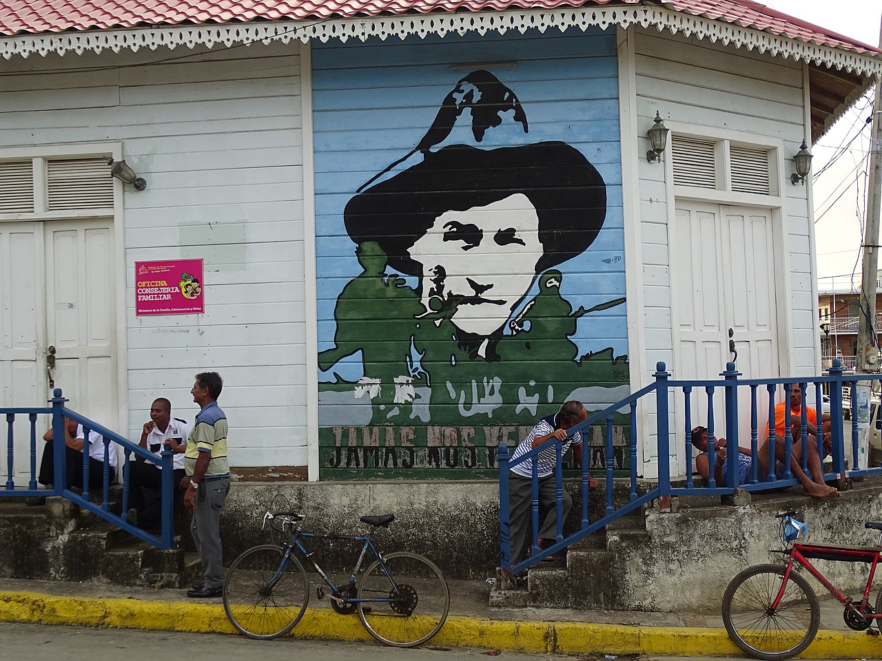 Mural of Sandino located in Playa Hermosa, Nicaragua, with writing that states “They will never defeat us”, 2016. 