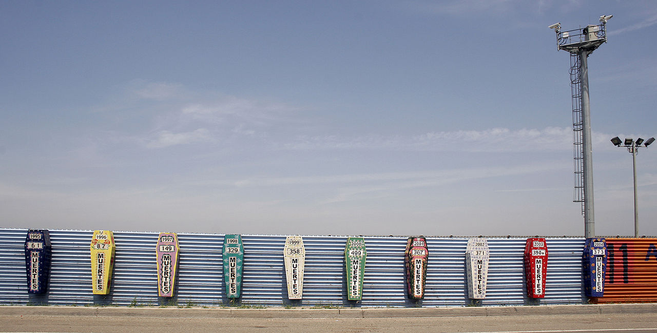 A monument at the Tijuana-San Diego border for those who have died attempting to cross the US-Mexican border. Each coffin represents a year and the number of dead, 2007.
