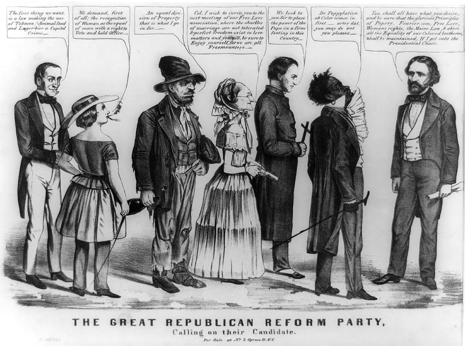 This Democratic editorial cartoon links Republican candidate John Frémont (far right) to temperance, feminism, Fourierism, free love, Catholicism, and abolition.
