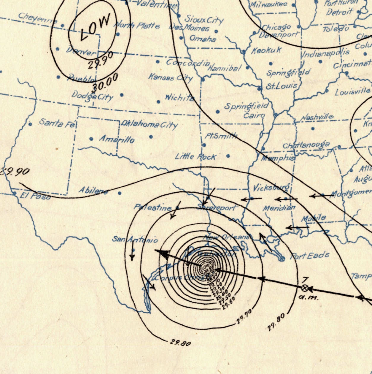 Surface weather map showing the hurricane nearing landfall near Galveston, Texas on September 8, 1900.