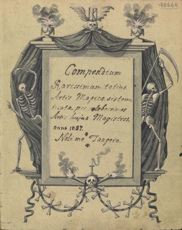 Title page from Compendium rarissimum totius Artis Magicae sistematisatae per celeberrimos Artis hujus Magistros. “A rare summary of the entire Magical Art by the most famous Masters of this Art.” (ca. 1775) The Latin handwriting dates the original text to 1057 CE. Under the year, the Latin phrase noli me tangere warns potential readers “do not touch me.”