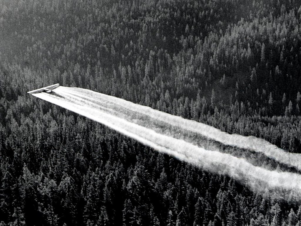 A plane dispersing DDT to kill spruce budworms in Baker County, Oregon, 1955. 