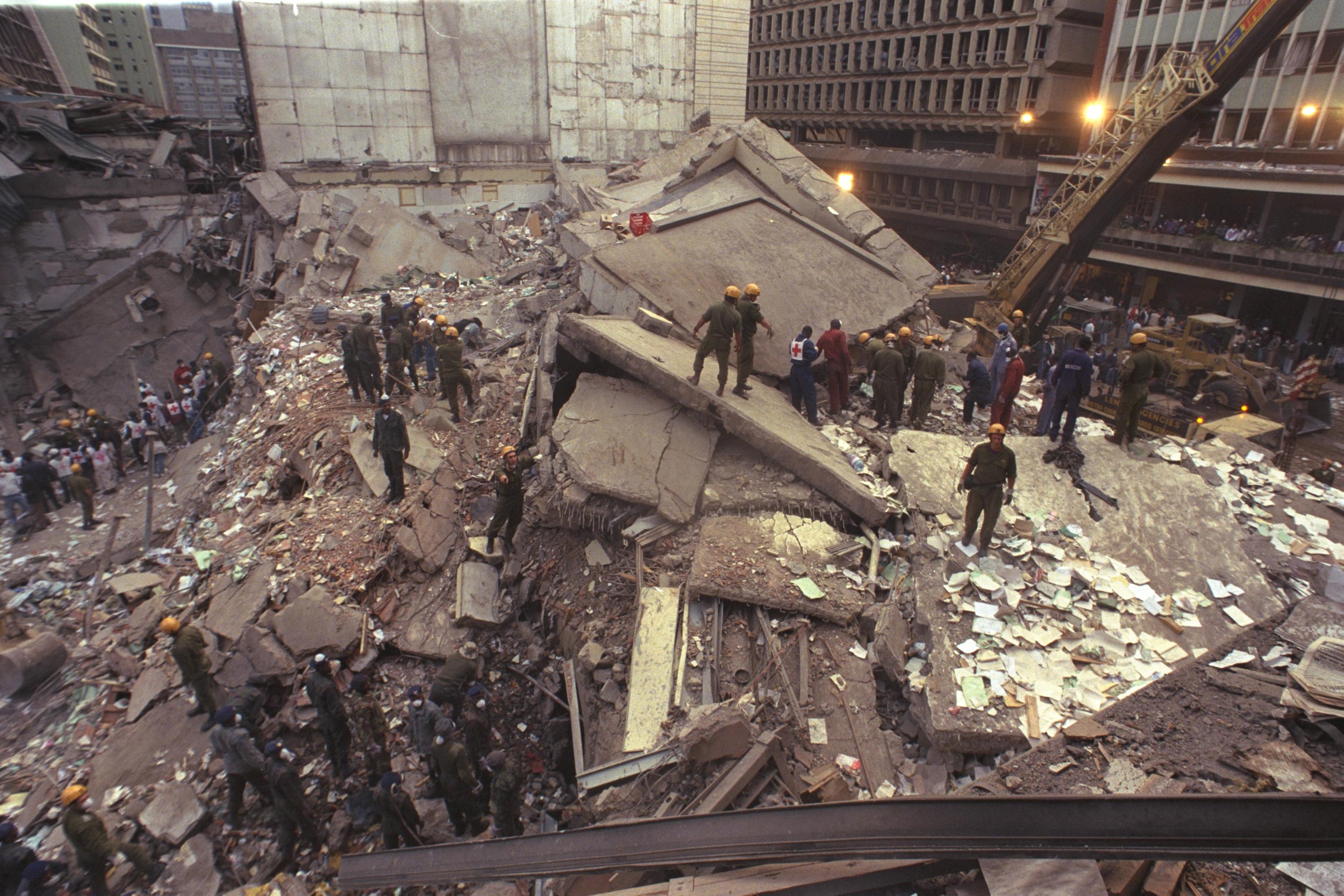 The aftermath of the United States embassy bombing in Nairobi, Kenya, 1998.