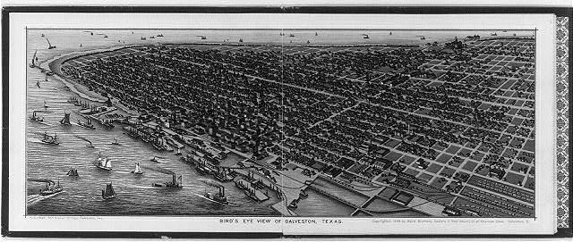 A bird's-eye view of Galveston, Texas from 1888.