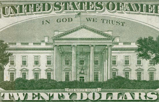 Capitalized "IN GOD WE TRUST" on the reverse of a United States twenty-dollar bill.