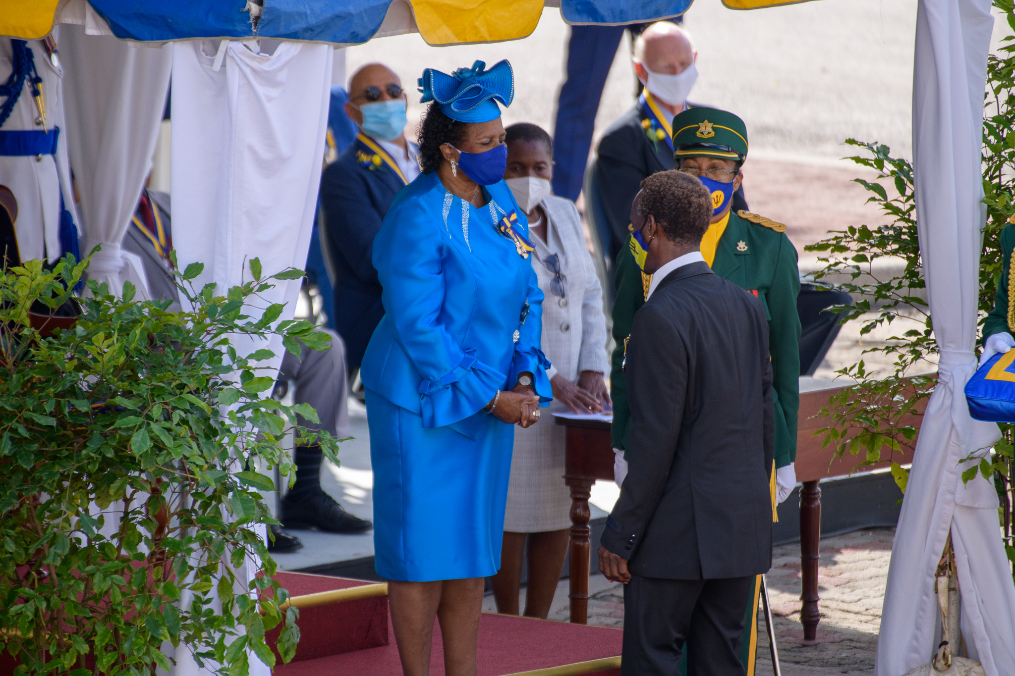Then Governor-General Sandra Mason presents awards during the 2020 Independence Day Parade. In 2021 she would become Barbados's first President as a republic.