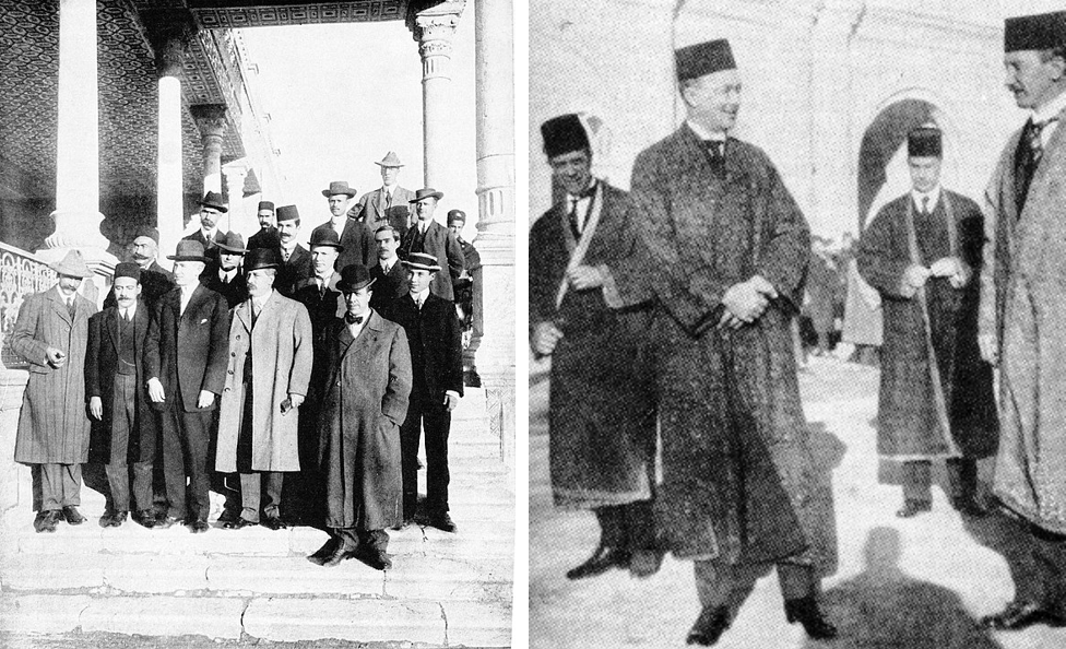 Morgan Shuster and other U.S. officials at Atabak Palace, Tehran, 1911. Their group was appointed by Iran's parliament to reform and modernize Iran's Department of Treasury and Finances (left). Americans wearing jobbeh va kolah (traditional Persian clothes), 1924.