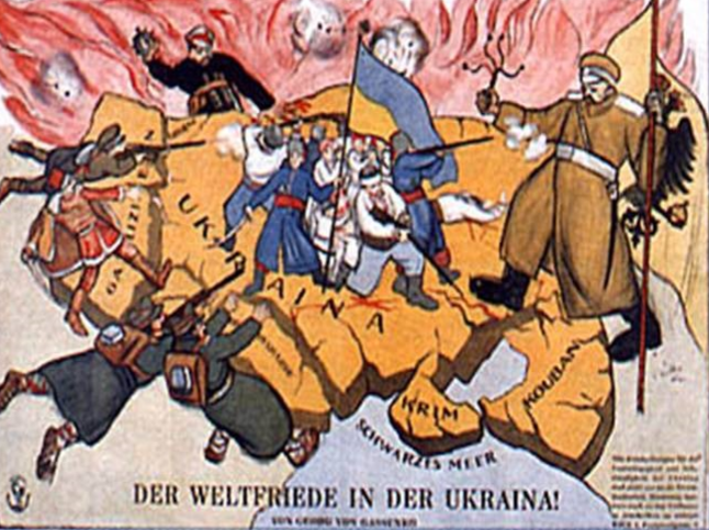 Postcard of a surrounded fighting Ukraine published by the UNR government in exile (Vienna 1920).