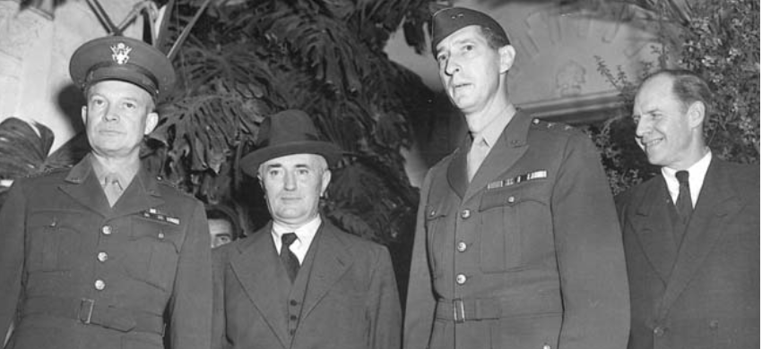 General Eisenhower, Admiral Jean Darlan, General Mark Clark, and Robert Murphy shortly after the signing of the French armistice in Algiers. 