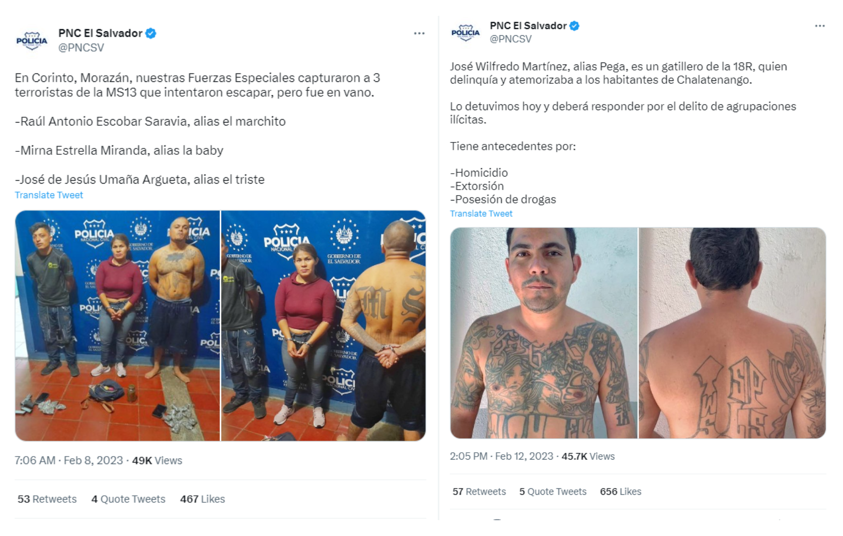 Tweets from National Police Force's official account showing recent arrests for suspected gang activity. The tweet dated Feb. 8, 2023 shows three such detainees, and the tweet dated Feb. 12, 2023 prominently features the detainee's tattoos. 