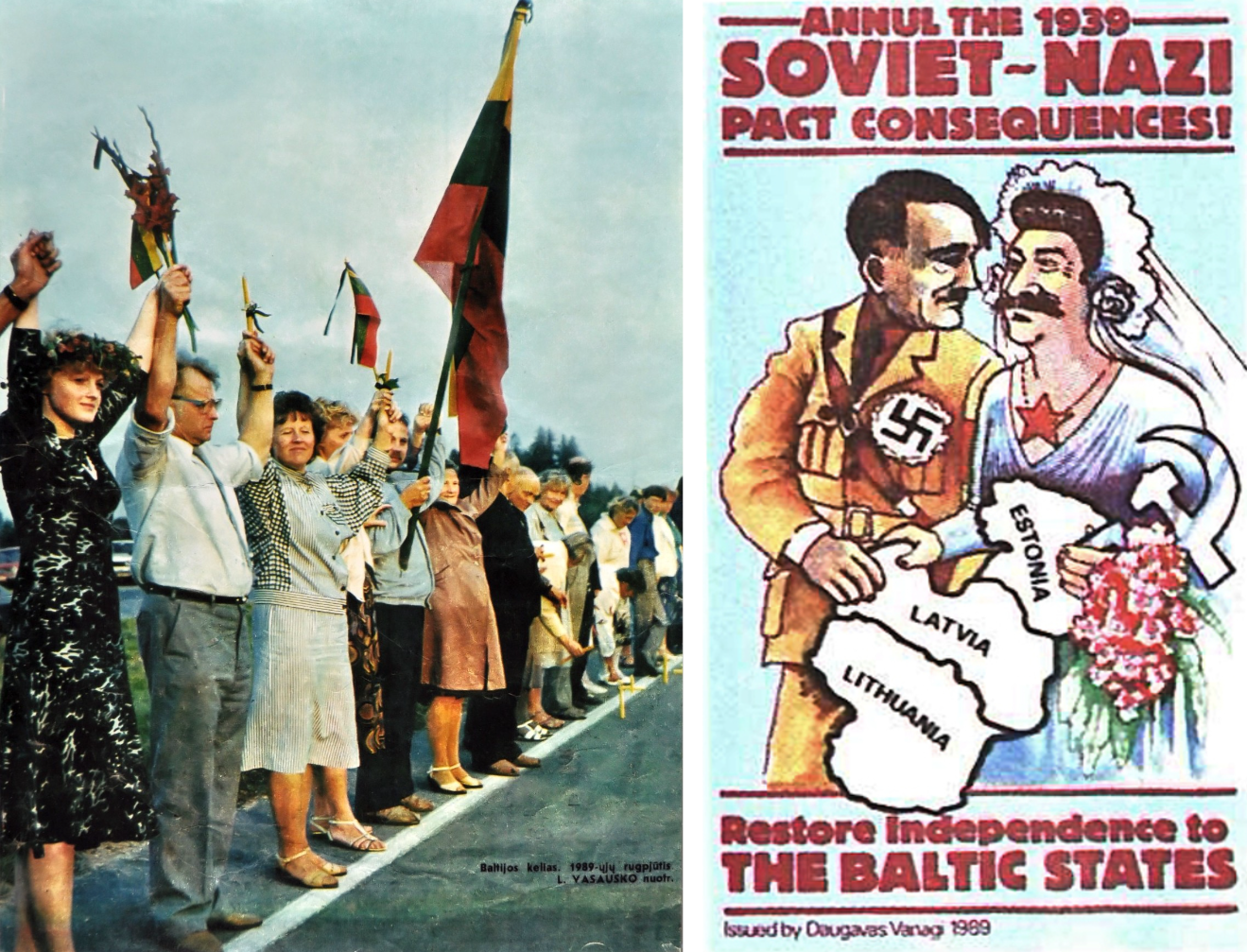 Photo of the Baltic Way published in Moteris magazine (left). A 1989 poster denouncing the Molotov–Ribbentrop Pact (right).