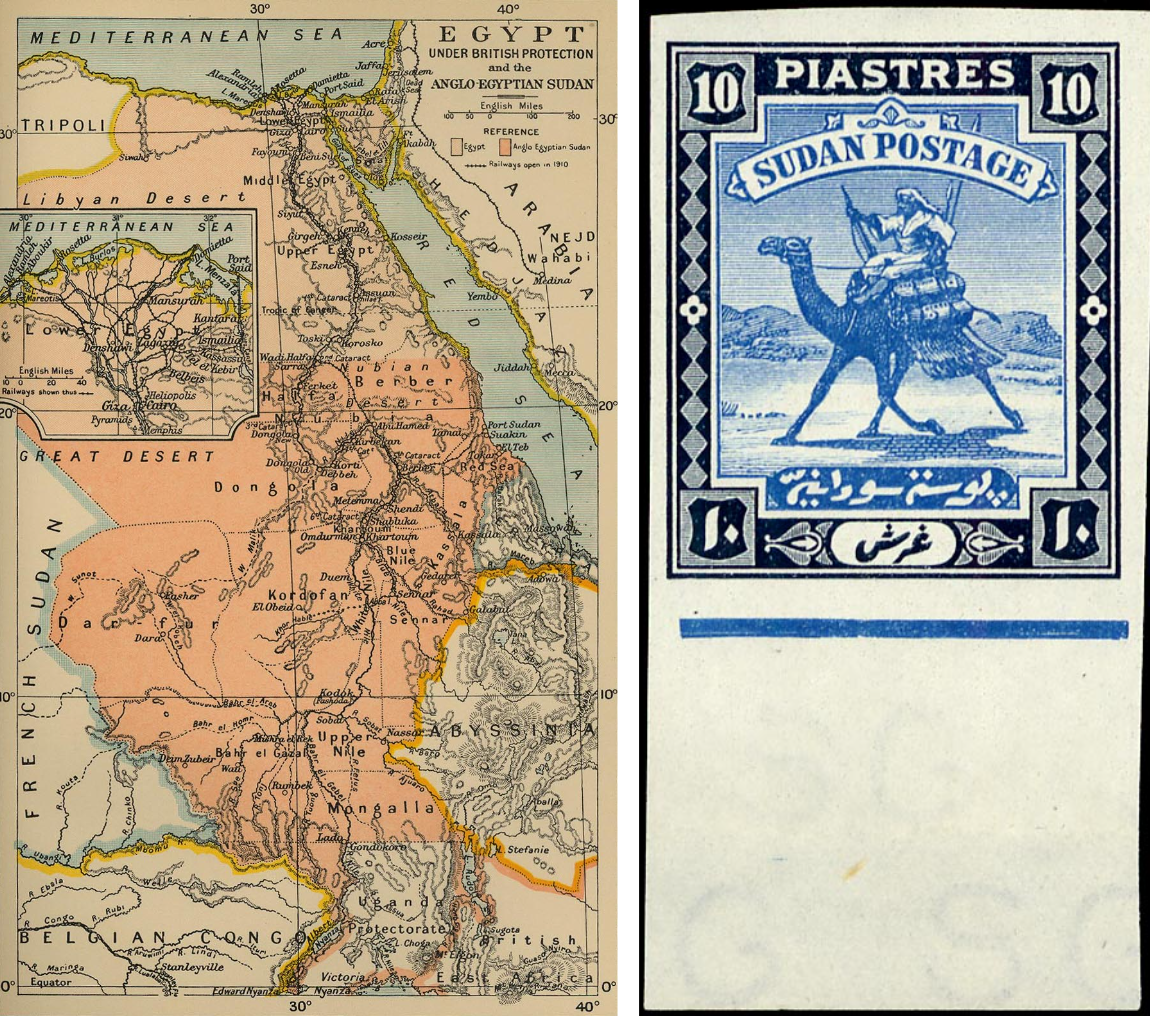 An early twentieth-century map of Egypt and Sudan under British control (left). A 1927 stamp from Anglo-Egyptian Sudan (right).