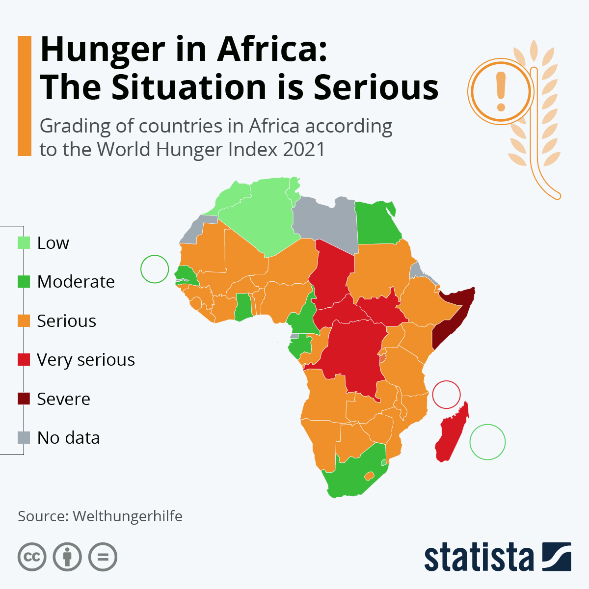Map displaying the grading of countries in Africa according to the World Hunger Index 2021.