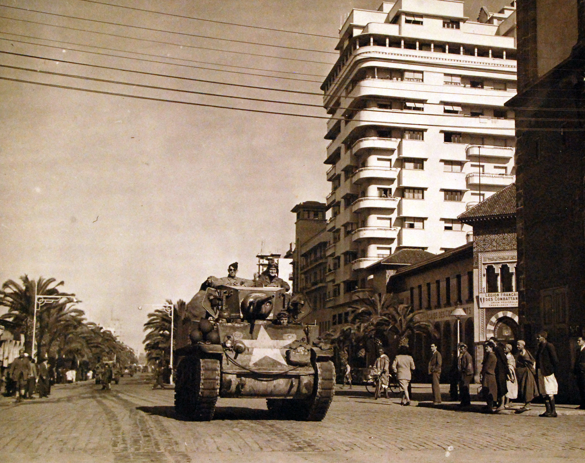 An American tank division enters Casablanca, Morocco, shortly after the Torch landings. Image courtesy of the U.S. National Archives. 