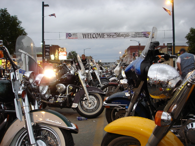 A view down Main Street with a banner welcoming riders to the 2005 Sturgis Motorcycle Rally. (Image by Jeff Siarto)