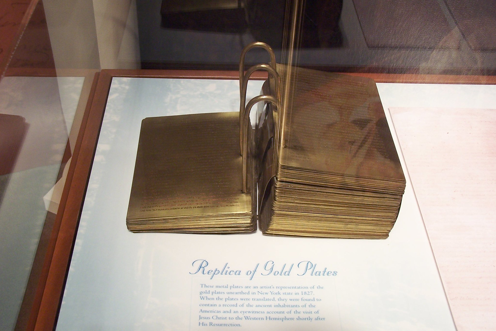 A replica of the gold plates that were allegedly given to Joseph Smith on display at the Cumorah Hill Visitor Center.