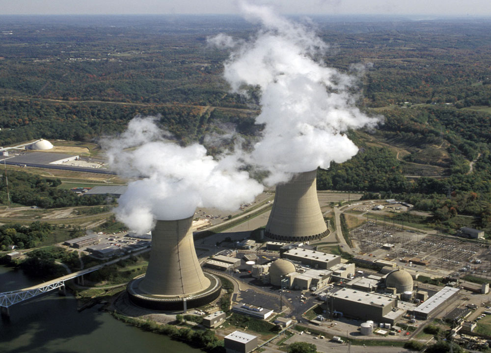 4)	The Beaver Valley Nuclear Power Station (near Pittsburgh, Pennsylvania) has two concrete cooling towers. Concrete is a major source of carbon dioxide, a greenhouse gas. (Source: USGS)