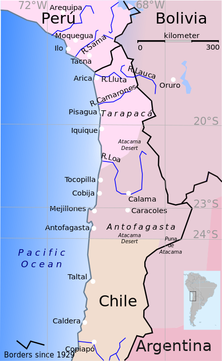  New boundaries after the War of the Pacific. Black lines show the borders after the Treaty of Lima (1929), when Tacna was reacquired by Peru; colored areas show previous borders.