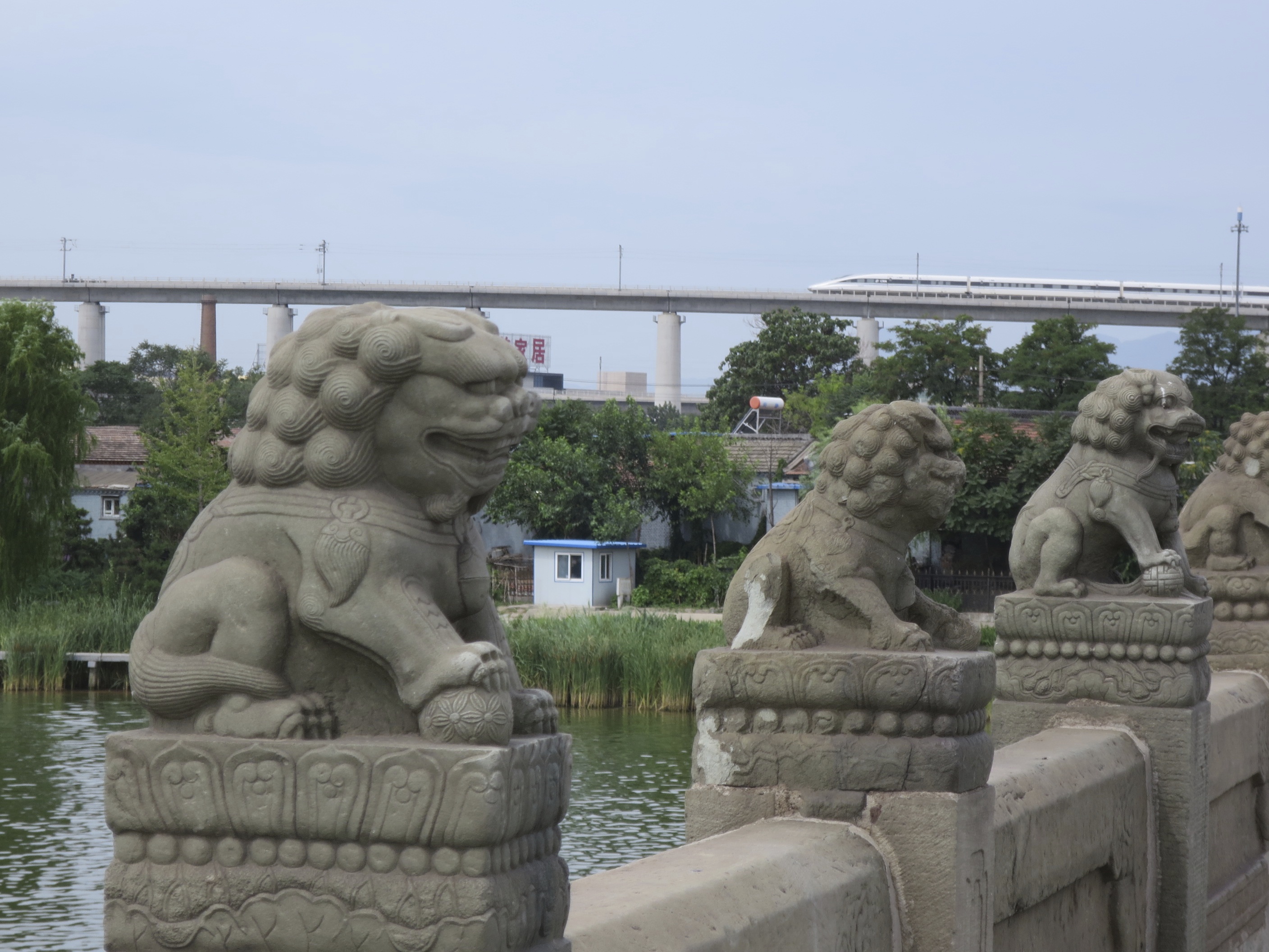 Marco Polo Bridge stone lions with present-day elevated high-speed train passing in background. Source: Author’s Collection, 2014.
