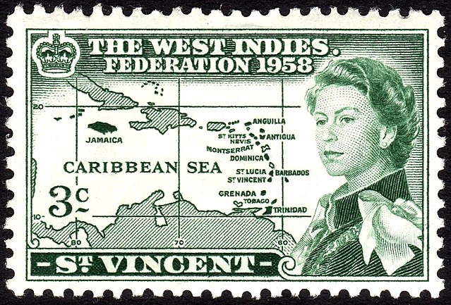 A 1958 stamp of the West Indian Federation including Jamaica,  Trinidad and Tobago, and the “Little Eight” under the leadership of Queen Elizabeth II.  