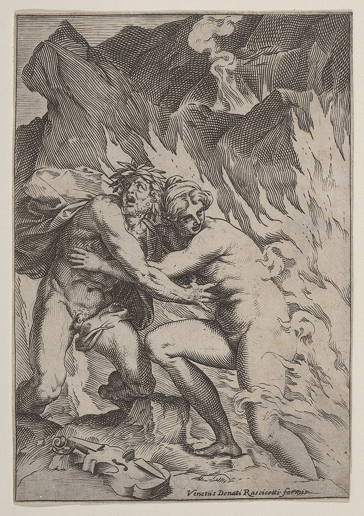 Orpheus and Eurydice, print, Agostino Carracii, c. 1590-1595. In the Metropolitan Museum of Art; New York.
