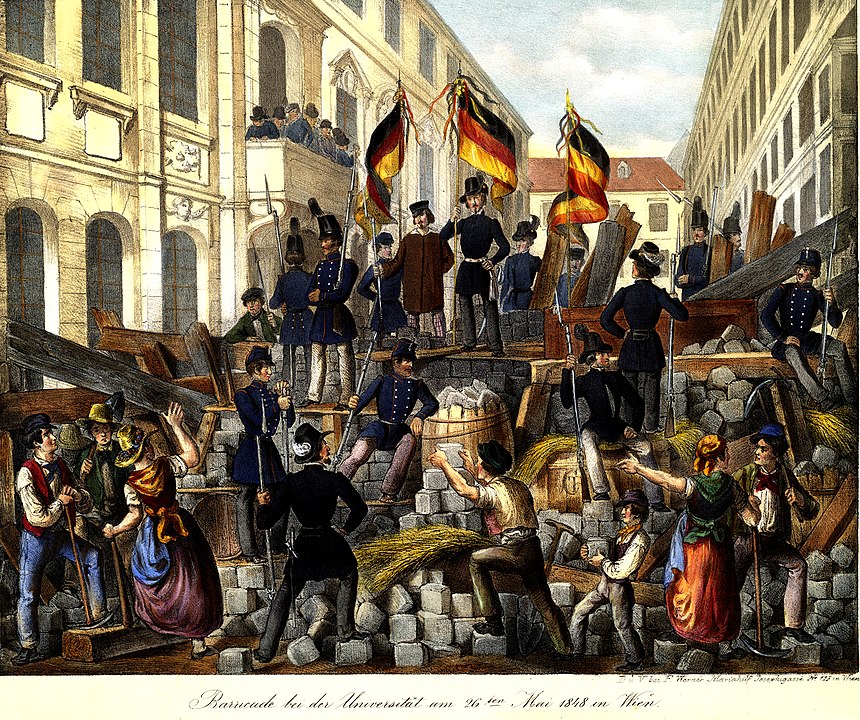 A barricade outside the University of Vienna in 1848. 