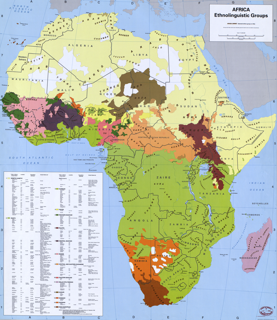 A 1996 map of the major ethnolinguistic groups of Africa. Many groups extend past modern political borders.