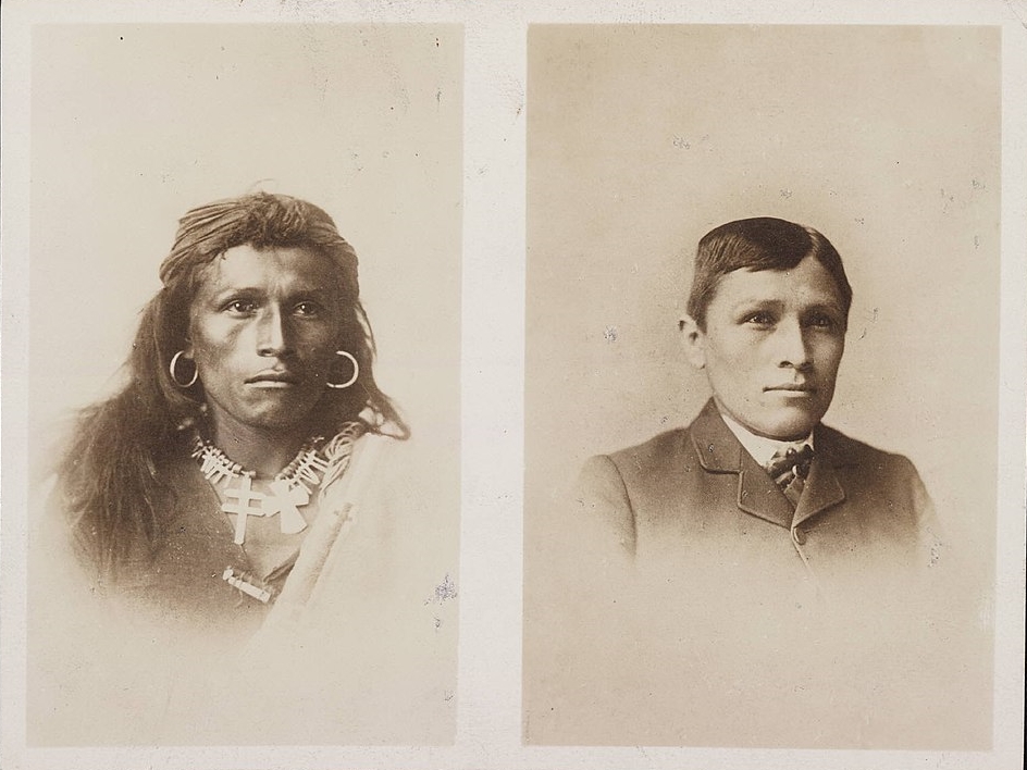 Tom Torlino, a Navajo student at the Carlisle Indian Industrial School. Left photo taken in 1882 when he arrived at Carlisle. Right photo taken in 1885. 