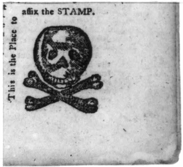 “This is the place to affix the stamp.” The skull and crossbones in this newspaper illustration symbolizes American protest against the Stamp Act, one of the several failed imperial policies Murrin discusses.