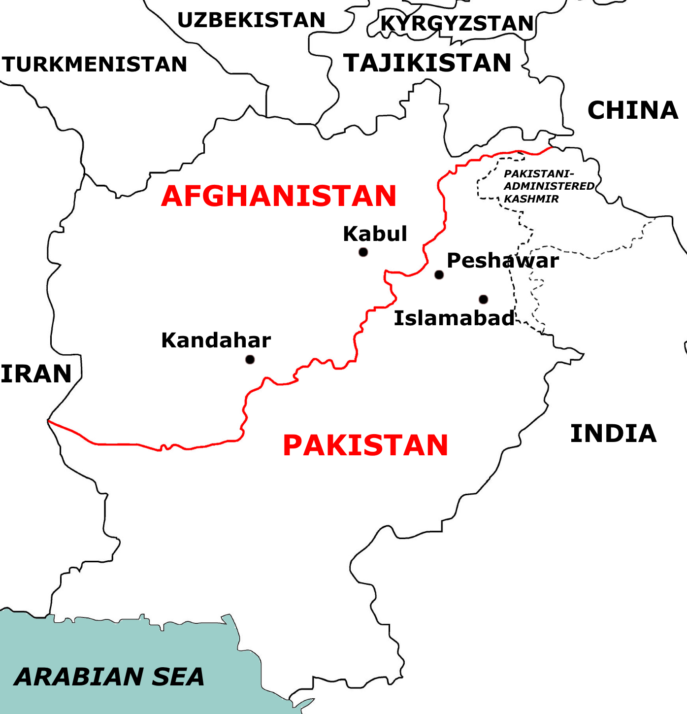 Map showing the Afghanistan-Pakistan border in red.