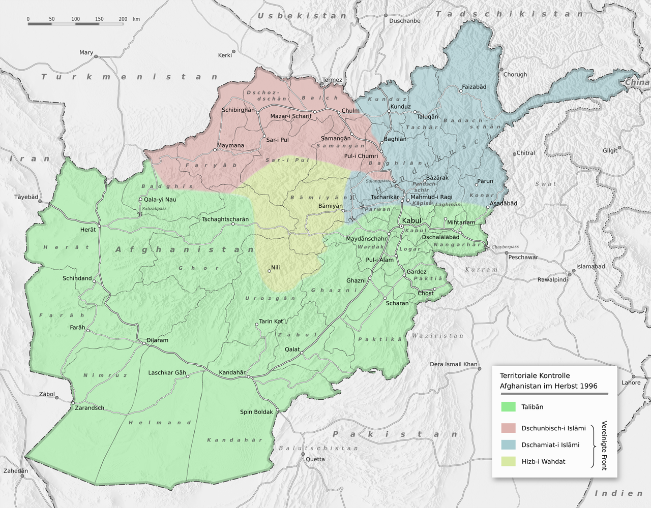 A German map showing the territorial control in Afghanistan in 1996, where green shows Taliban controlled areas.
