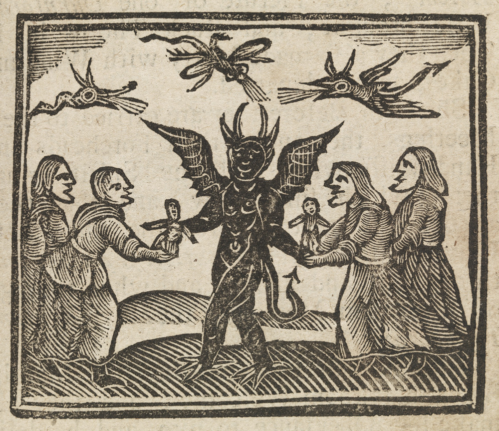 Witches presenting wax dolls to the devil, featured in The History of Witches and Wizards (1720)