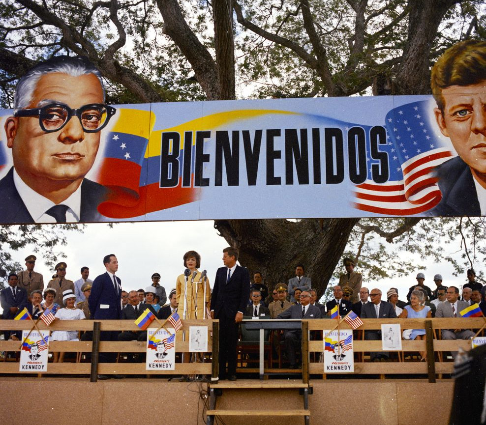 U.S. President John F. Kennedy in December 1961 promoting the Alliance for Progress with Venezuelan President Rómulo Betancourt, 1961.