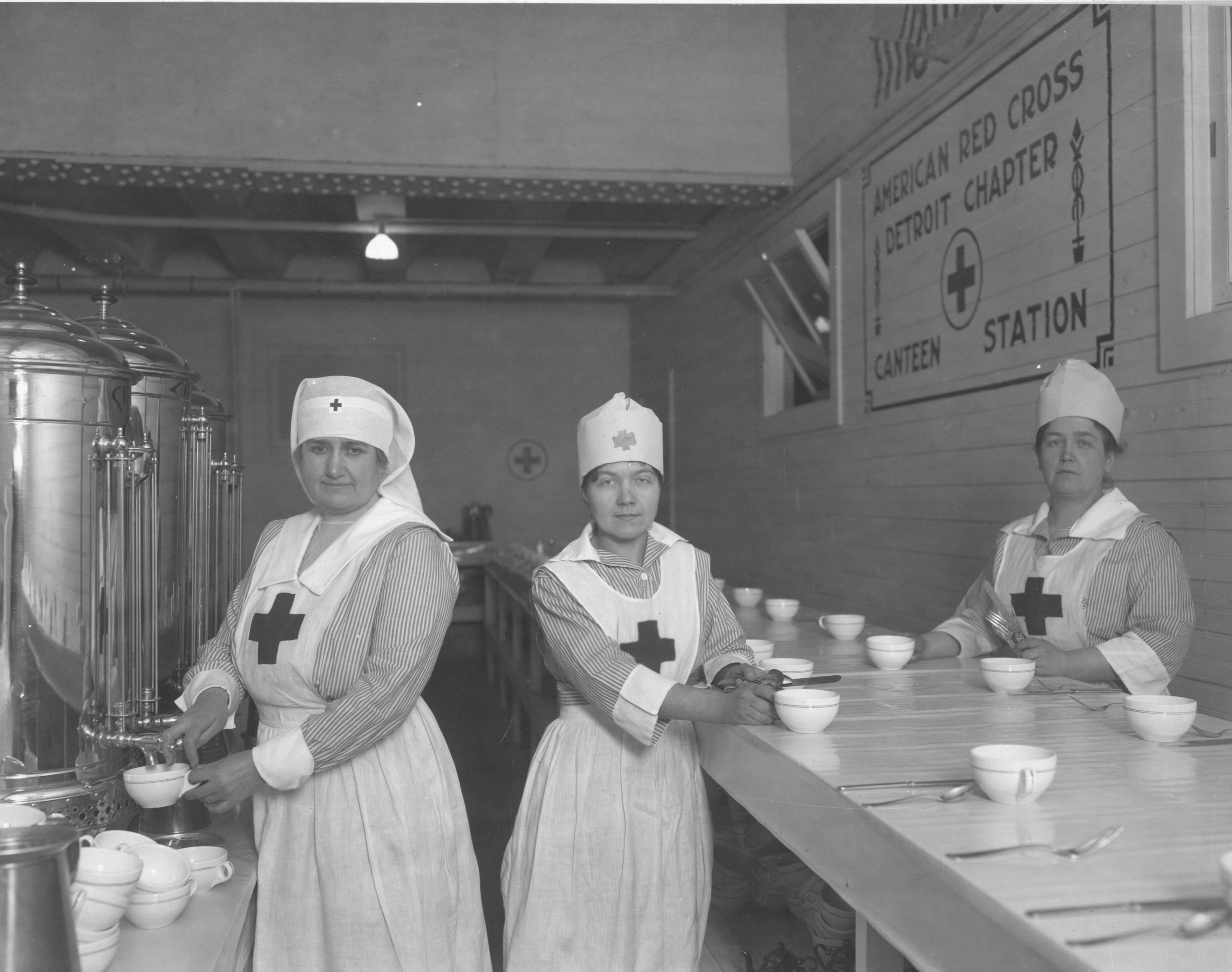 American Red Cross Canteen providing aid and comfort at Michigan Central Station in Detroit, Michigan, during war activities.