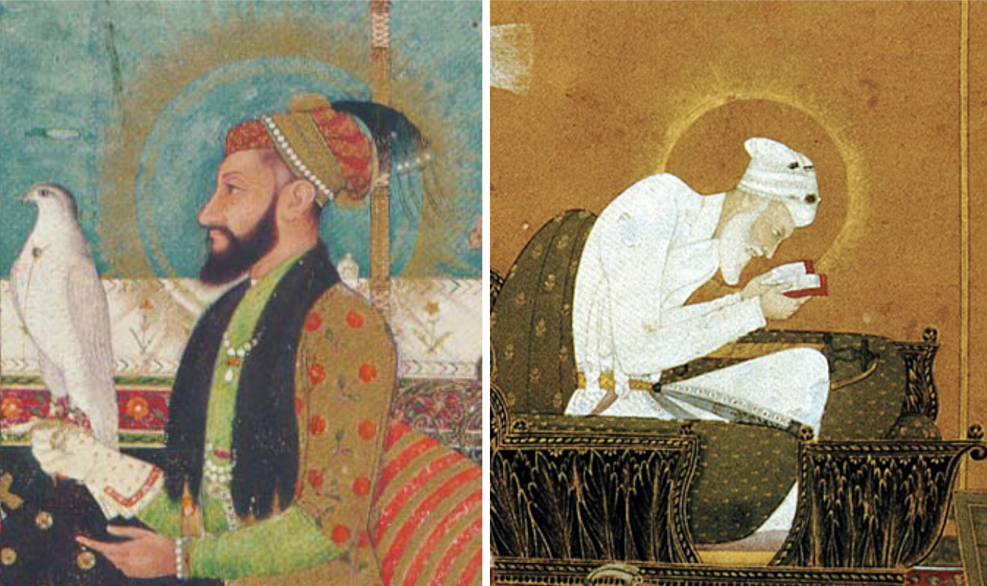 Portrait of Aurangzeb (left). Painting of the older Aurangzeb at prayer (right).
