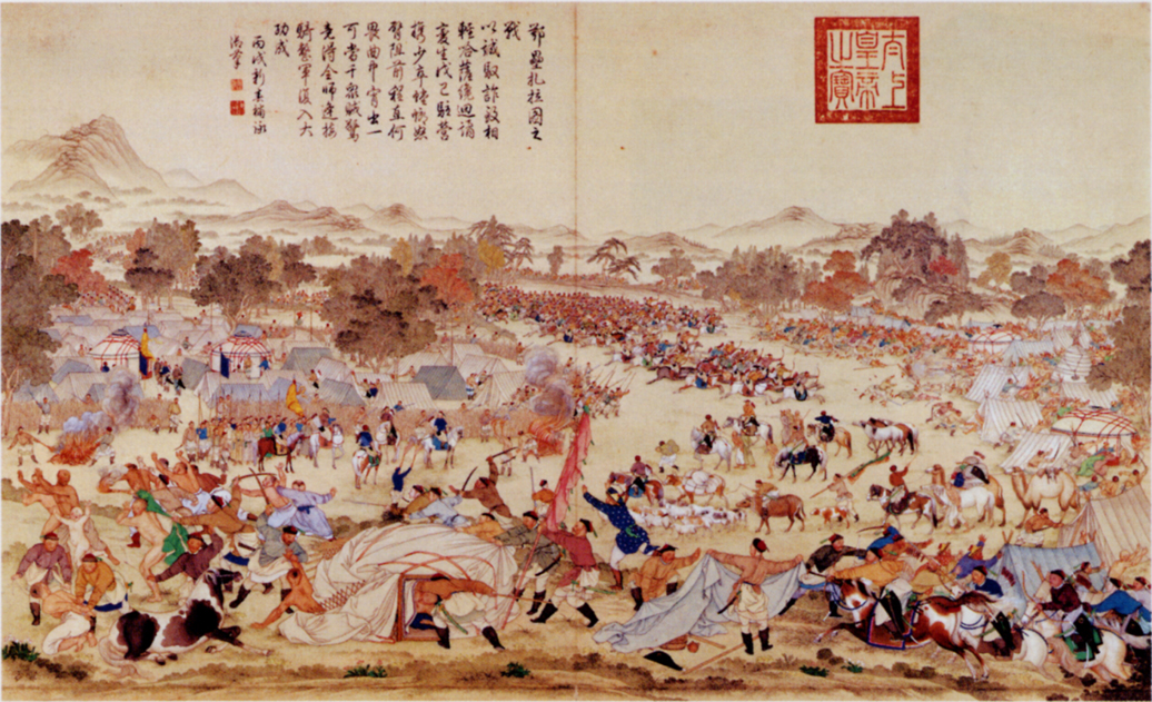 Depiction of the Battle of Oroi-Jalatu in 1756 between Manchus and Oirat armies in present-day Wusu, Xinjiang.