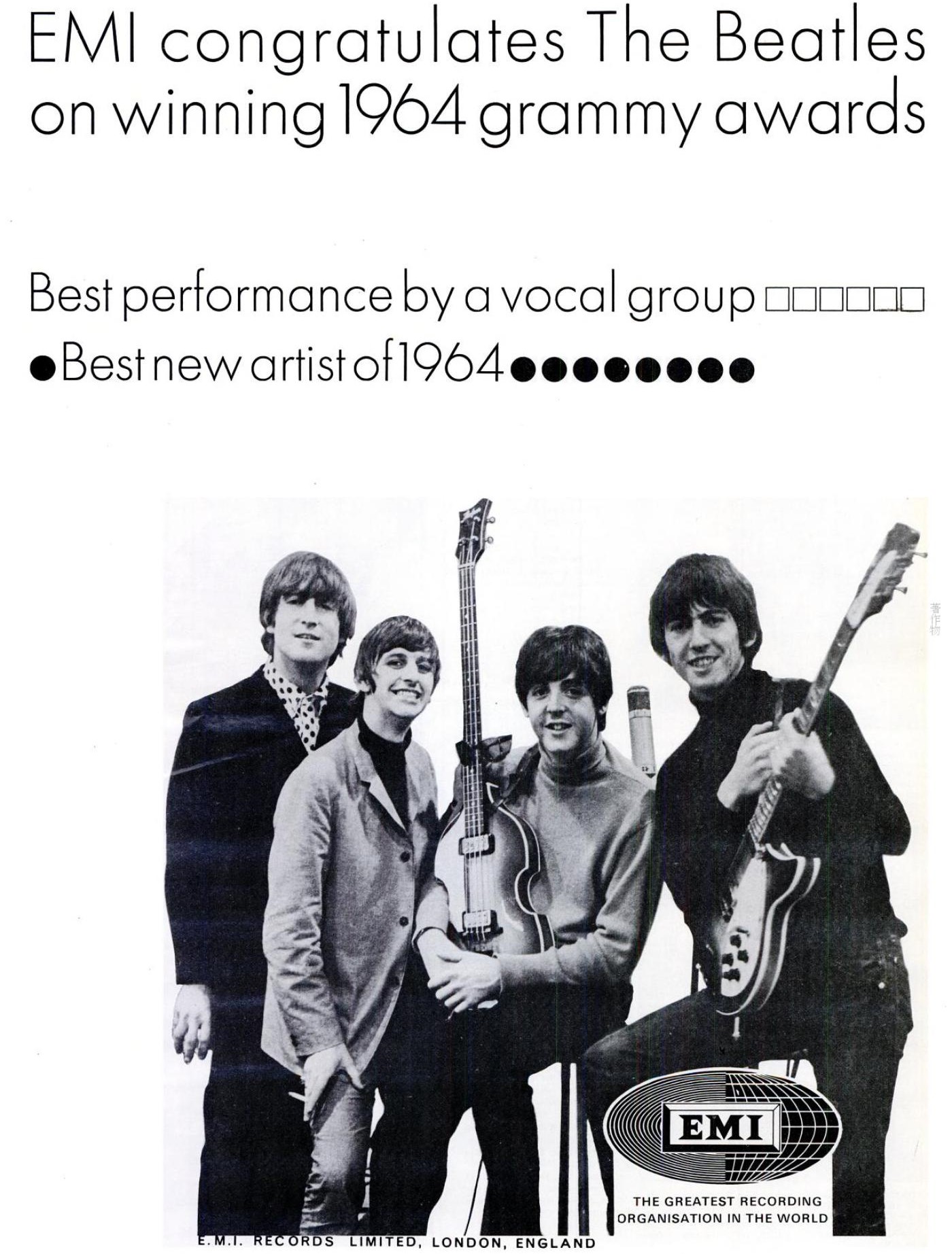 An advertisement celebrating the two awards won by the Beatles at the Seventh Annual Grammy Awards, placed by their distributor, EMI.
