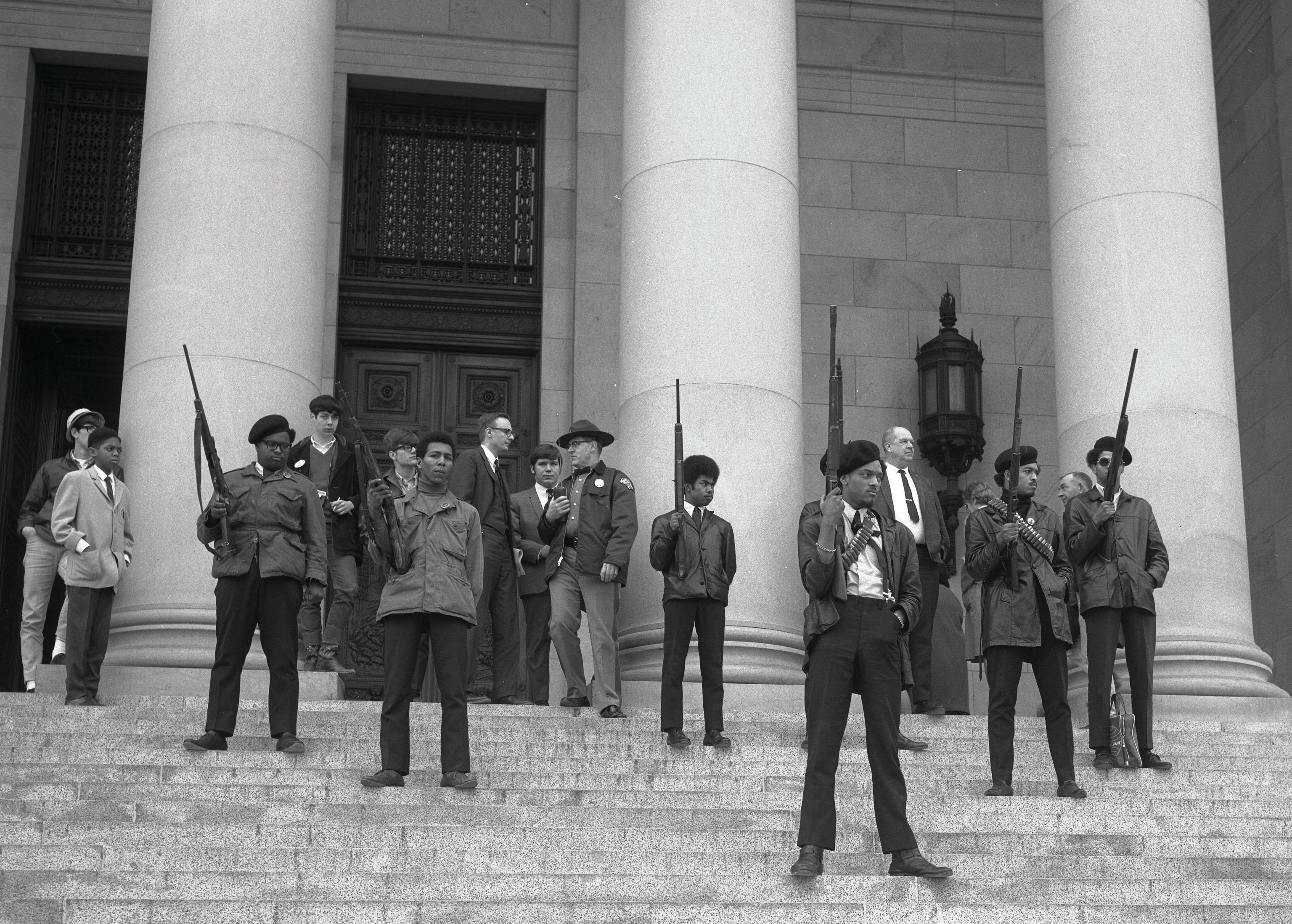 Black Panther Party members protest a gun control bill in Olympia, Washington, on February 28, 1969.