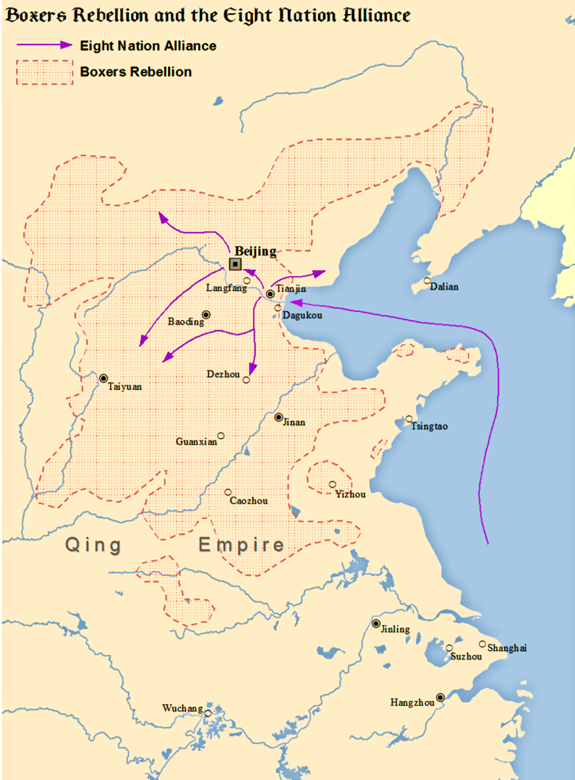This map depicts the areas Boxers took over and where the 8-Nation Alliance launched their counterattack.