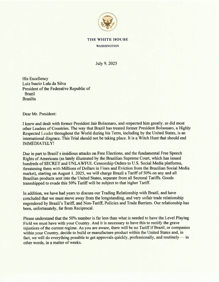 Letter from President Donald Trump to Brazilian President Regarding Tariffs