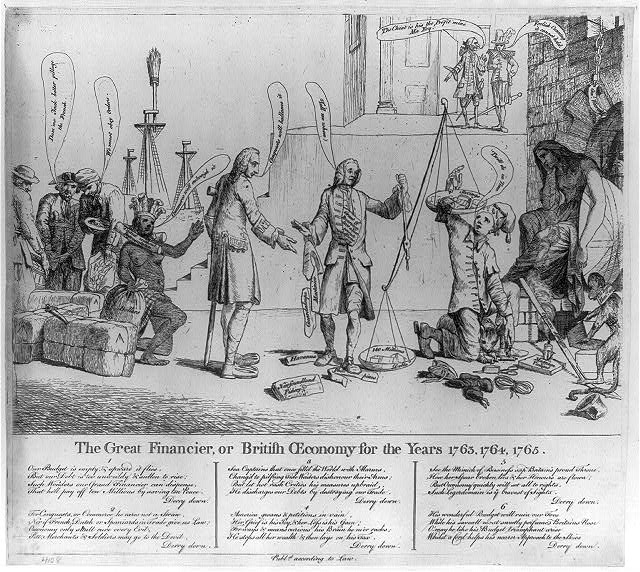 “The great financier, or British economy for the years 1763, 1764, 1765.” This British cartoon depicts the American colonies as a Native American woman, as juxtaposed to British officials and Britannia (far right), demonstrating the disconnect between the colonies and the metropole even though the colonists thought of themselves as full British subjects.