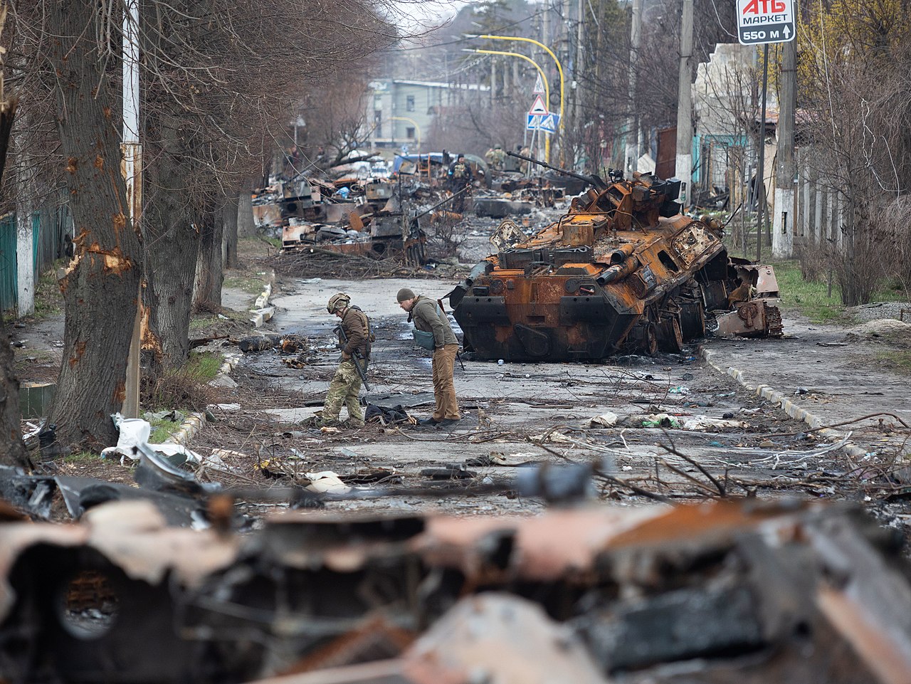  The main street in Bucha, Ukraine after a Russian attack, April, 2022.