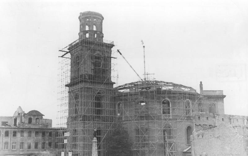 Reconstruction of St. Paul’s Church in 1947 after destruction during World War II. 