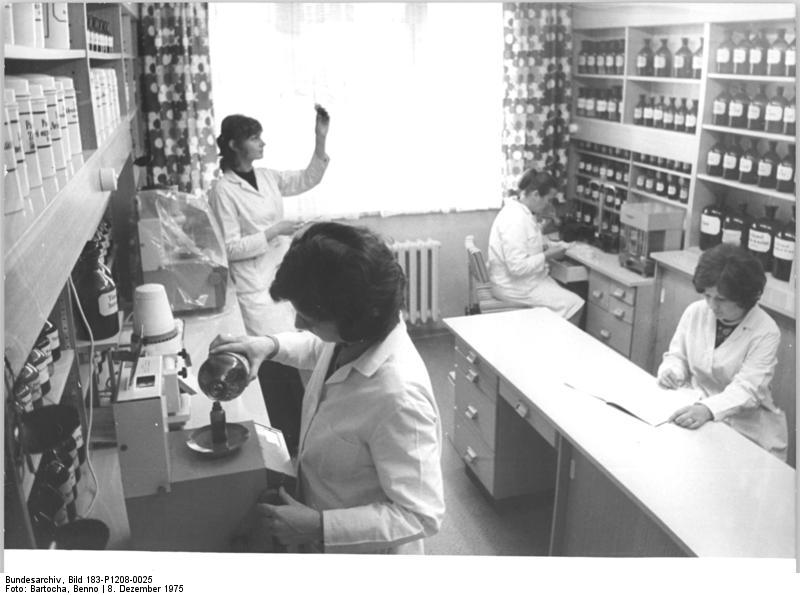 Pharmacists working in a lab in East Germany, 1975. 