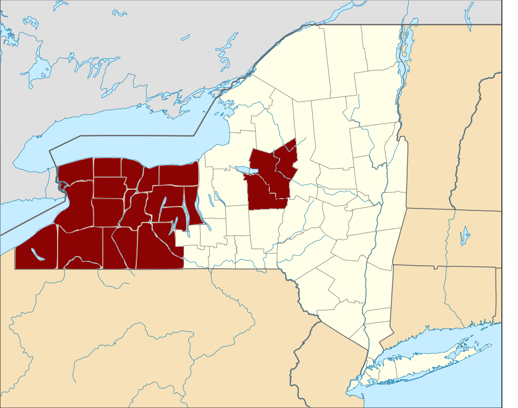 Map showing the counties of New York considered part of the "Burned-over District."