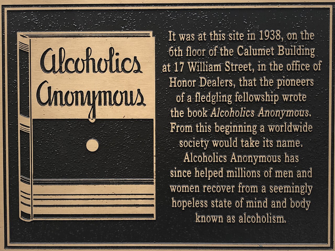 Plaque at the building in Newark, NJ where much of the Big Book was written.