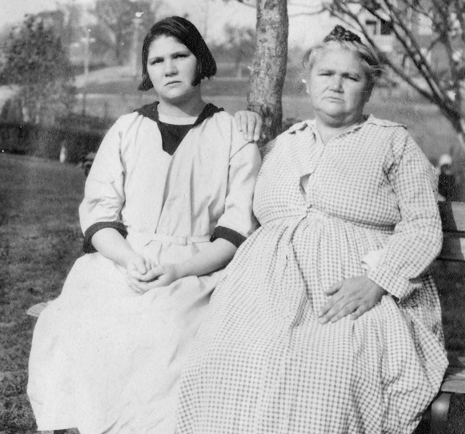 Carrie (left) with her mother, Emma Buck, at the Virginia Colony for Epileptics and Feebleminded, 1924.