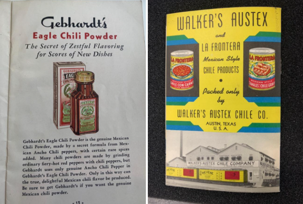Gebhardt’s Eagle Chili Powder; Walker’s Austex Chile Co. Company chili and tamales. (Photographs courtesy of the author)
